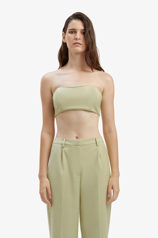 Charlize Strapless Crop Top In Pale Khaki offers at $79 in Bardot