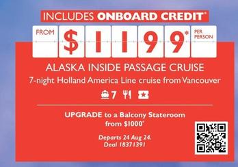 Alaska Inside Passage Cruise offers at $1199 in Flight Centre