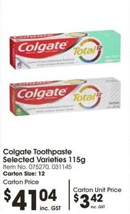 Colgate - Toothpaste Selected Varieties 115g offers at $3.42 in Campbells
