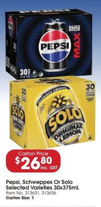 Pepsi - Schweppes Or Solo Selected Varieties 30x375ml offers at $26.8 in Campbells