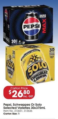 Pepsi - Schweppes Or Solo Selected Varieties 30x375ml offers at $26.8 in Campbells