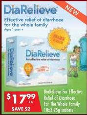 Diarelieve - For Effective Relief Of Diarrhoea For The Whole Family 10x3.25g Sachets offers at $17.99 in Pharmacy 4 Less