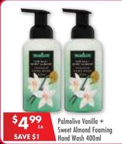 Palmolive - Vanilla + Sweet Almond Foaming Hand Wash 400ml offers at $4.99 in Pharmacy 4 Less