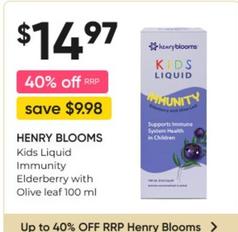 Henry Blooms - Kids Liquid Immunity Elderberry With Olive Leaf 100 Ml offers at $14.97 in Super Pharmacy