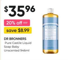Dr Bronners - Pure Castile Liquid Soap Baby Unscented 946ml offers at $35.96 in Super Pharmacy