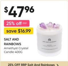 Salt And Rainbows - Amethyst Crystal Candle 400g offers at $47.96 in Super Pharmacy