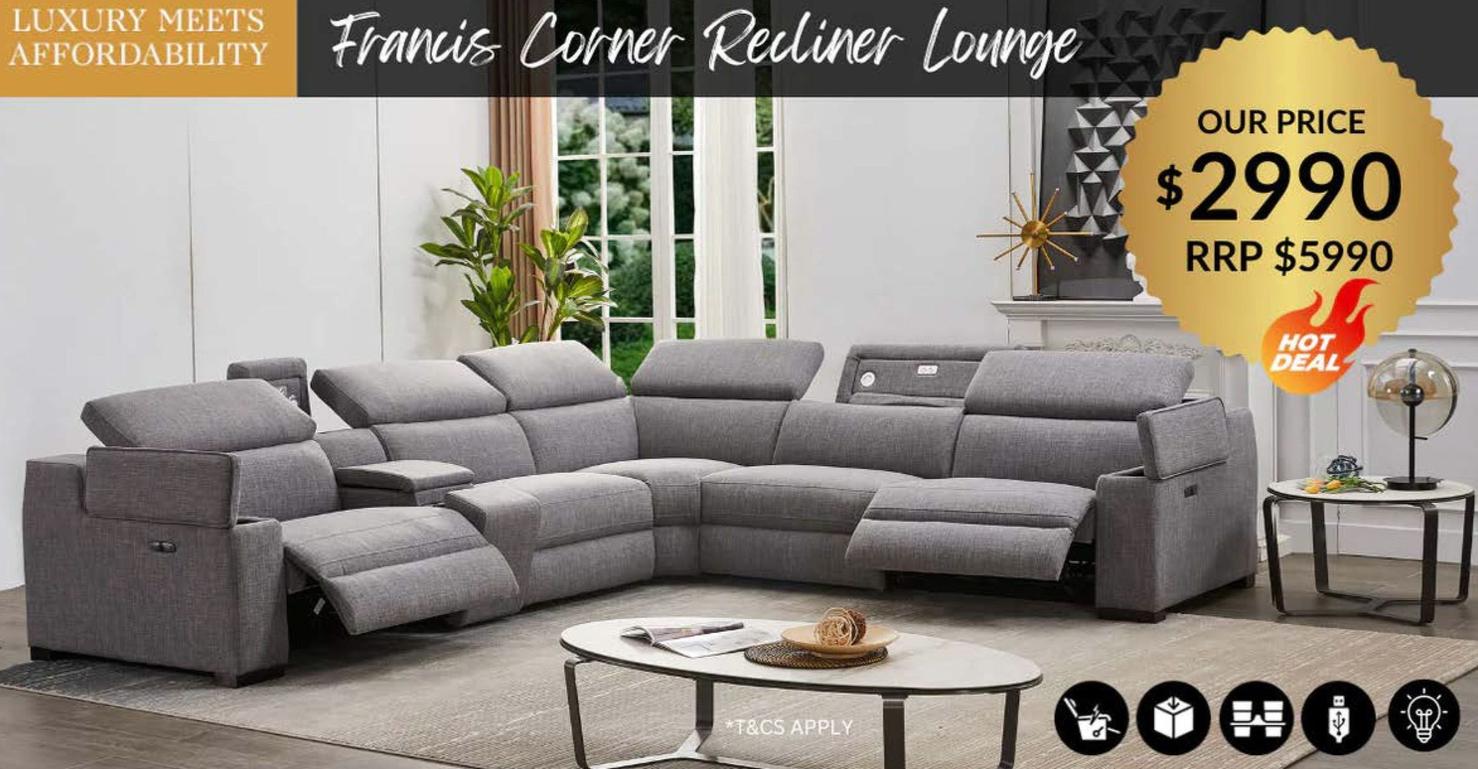 Francis - Corner Recliner Lounge offers at $2990 in Adore