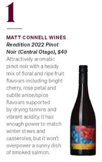 Matt Connell Wines - Rendition 2022 Pinot Noir (central Otago) offers at $49 in Air New Zealand