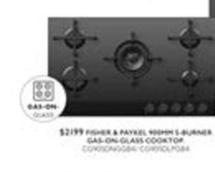 Fisher & Paykel - 900mm 5-burner gas-on Glass Cooktop offers at $2199 in Harvey Norman
