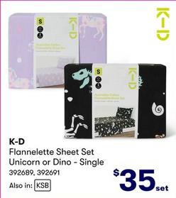 K-D - Flannelette Sheet Set Unicorn Or Dino Single offers at $35 in BIG W