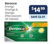 Berocca - Energy Orange & Mango Effervescent 30 Tablets offers at $14.99 in Advantage Pharmacy