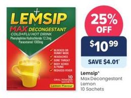 Lemsip - Max Decongestant Lemon 10 Sachets offers at $10.99 in Advantage Pharmacy