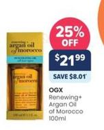 Ogx - Renewing+ Argan Oil Of Morocco 100ml offers at $21.99 in Advantage Pharmacy
