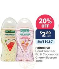 Palmolive - Hand Sanitiser Fig & Coconut Or Cherry Blossom 48ml offers at $2.89 in Advantage Pharmacy