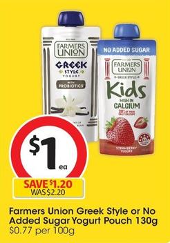 Farmers Union - Greek Style Yogurt Pouch 130g offers at $1 in Coles