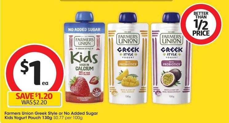 Farmers Union - Greek Style Kids Yogurt Pouch 130g offers at $1 in Coles