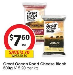 Great Ocean - Road Cheese Block 500g offers at $7.6 in Coles