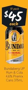 Bundaberg - Up Rum & Cola 4.6% Premix Cans 375ml offers at $45 in Cellarbrations