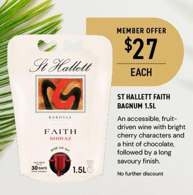 St Hallett - Faith Bagnum 1.5l offers at $27 in Dan Murphy's