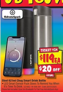 Hidratespark - 621ml Steel 621ml Chug Smart Drink Bottle offers at $119 in JB Hi Fi
