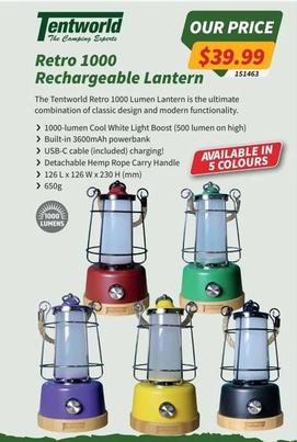 Tentworld - Retro 1000 Rechargeable Lantern offers at $39.99 in Tentworld