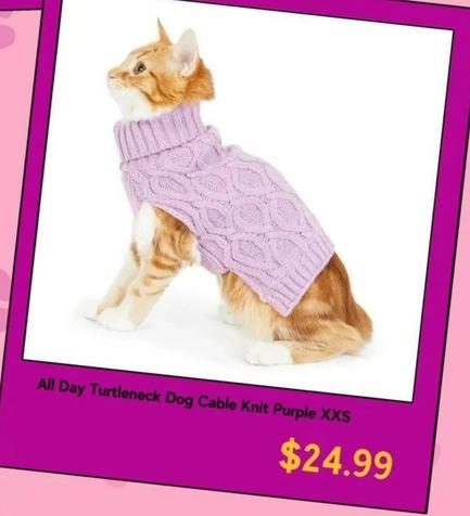 All Day Turtleneck Dog Cable Knit Purple Xxs offers at $24.99 in Petbarn