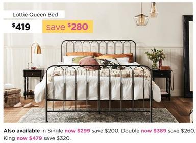 Lottie Queen Bed offers at $419 in Early Settler