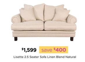 Lisette 2.5 Seater Sofa Linen Blend Natural offers at $1599 in Early Settler