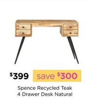 Spence Recycled Teak 4 Drawer Desk Natural offers at $399 in Early Settler