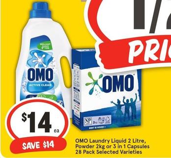 Omo - Laundry Liquid 2 Litre, Powder 2kg Or 3 In 1 Capsules 28 Pack Selected Varieties offers at $14 in IGA
