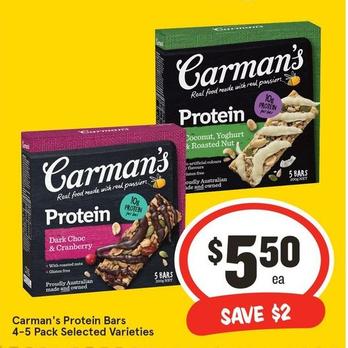 Carman's - Protein Bars 4‑5 Pack Selected Varieties offers at $5.5 in IGA