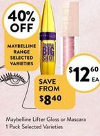 Maybelline - Lifter Gloss Or Mascara 1 Pack Selected Varieties offers at $12.6 in Foodworks