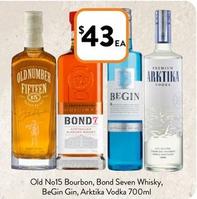 Old No15 - Bourbon, Bond Seven Whisky, Begin Gin, Arktika Vodka 700ml offers at $43 in Foodworks