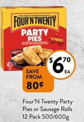 Four’n Twenty - Party Pies Or Sausage Rolls 12 Pack 500/600g offers at $6.7 in Foodworks