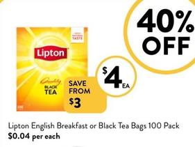 Lipton - English Breakfast Or Black Tea Bags 100 Pack offers at $4 in Foodworks