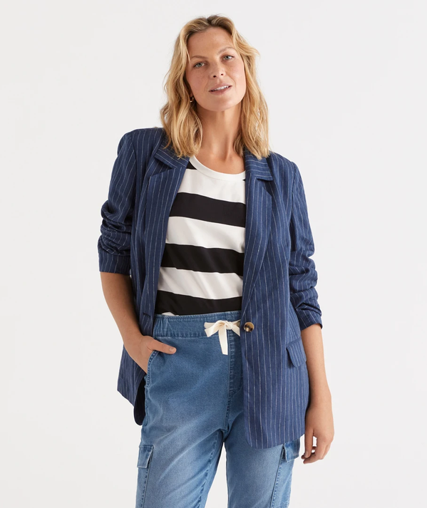 SINGLE BREASTED STRIPE LINEN BLAZER offers at $109.95 in Sussan