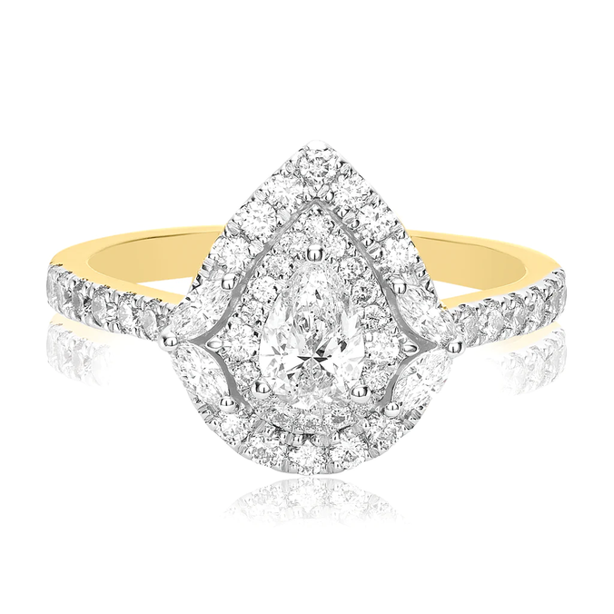 Halo Certified 18ct Yellow Gold Pear & Round Brilliant Cut 1.00 ctw Diamond Ring offers in Mazzuchelli's
