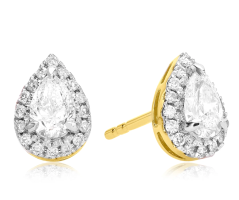 Halo Certified 18ct Yellow Gold Pear & Round Brilliant Cut 0.75 ctw Diamond Earrings offers in Mazzuchelli's
