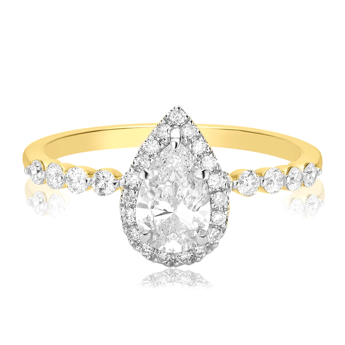 Halo Certified 18ct Yellow Gold Pear & Round Brilliant Cut 1.00 ctw Diamond Ring offers in Mazzuchelli's