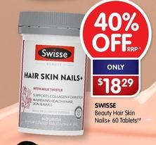 Swisse - Beauty Hair Skin Nails+ 60 Tablets offers at $18.29 in Alliance Pharmacy