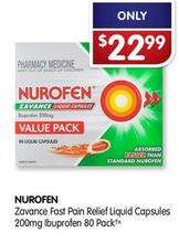 Nurofen - Zavance Fast Pain Relief Liquid Capsules 200mg Ibuprofen 80 Pack offers at $22.99 in Alliance Pharmacy
