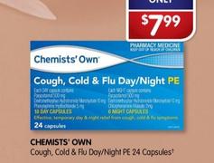 Chemists' Own - Cough, Cold & Flu Day/night Pe 24 Capsules offers at $7.99 in Alliance Pharmacy