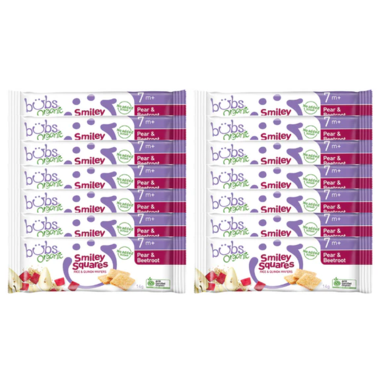 Bubs Organic Smiley Squares Pear & Beetroot - 14 Pack offers at $28 in Bubs Baby Shop