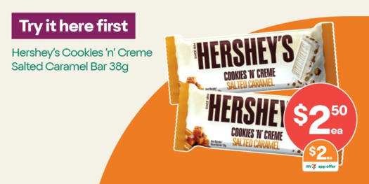 Hershey's Cookies 'n' Creme Salted Caramel Bar 38g. offers at $2.5 in 7 Eleven