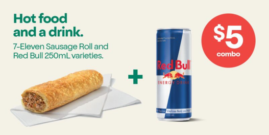 7-Eleven Sausage Roll or 7-Eleven Traveller Pie and one Pepsi 375mL or Red Bull 250mL varieties. offers at $5 in 7 Eleven