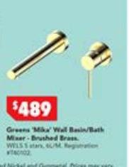 Greens - Mika Wall Basin/bath Mixer - Brushed Brass offers at $489 in Harvey Norman