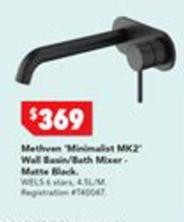 Methven - Minimalist Mk2 Wall Mounted Mixer With Spout Matte Black offers at $369 in Harvey Norman