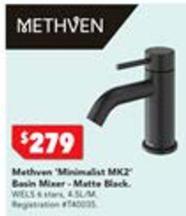 Methven - Minimalist Mk2 Basin Mixer Matte Black offers at $279 in Harvey Norman