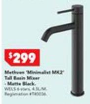 Methven - Minimalist Mk2 Hi Rise Basin Mixer Matte Black offers at $299 in Harvey Norman