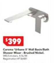 Caroma - Urbane Ii 180mm Wall Basin/bath Mixer With Round Cover Plate Brushed Nickel offers at $399 in Harvey Norman